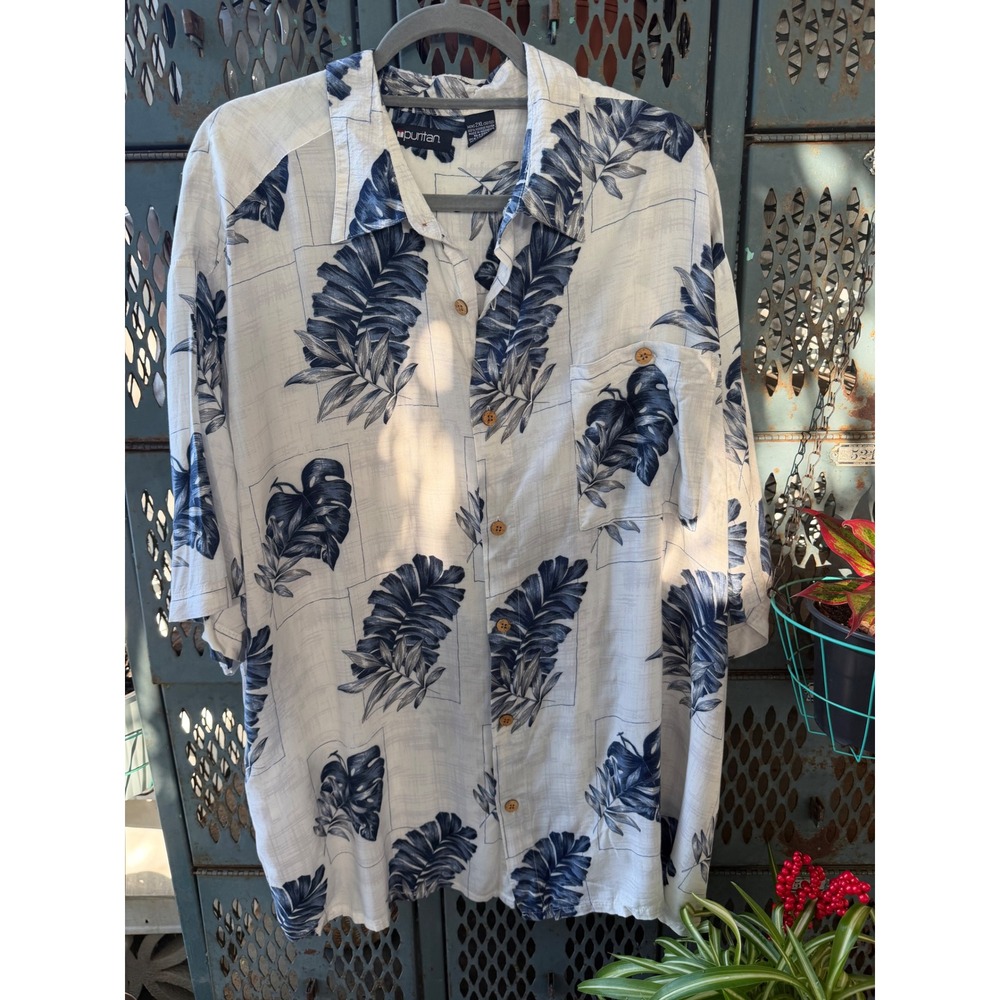 Puritan Mens 2XL Hawaiian Shirt Blue White Tropical Leaf Viscose Rayon Button Up